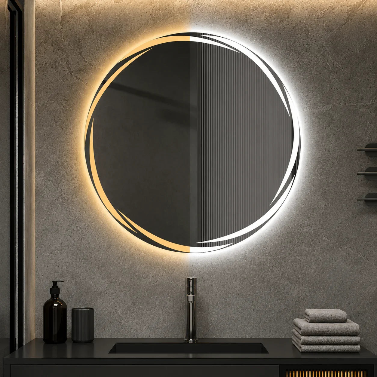 Round LED bathroom mirror with dual-color lighting, modern vanity setup for contemporary bathroom decor