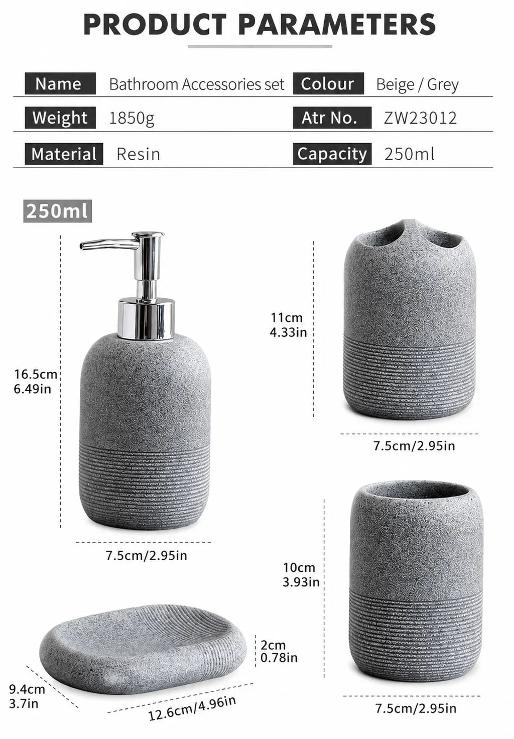 Grey resin bathroom accessories set with soap dispenser, toothbrush holder, tumbler, and soap dish