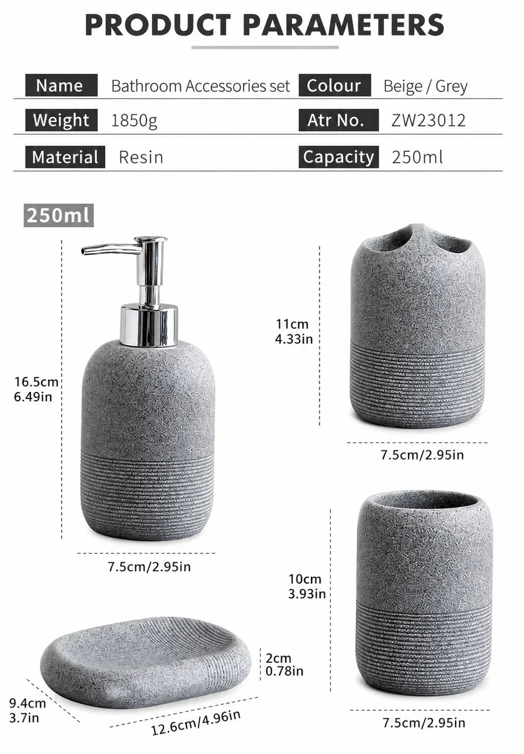 Grey resin bathroom accessories set with soap dispenser, toothbrush holder, tumbler, and soap dish