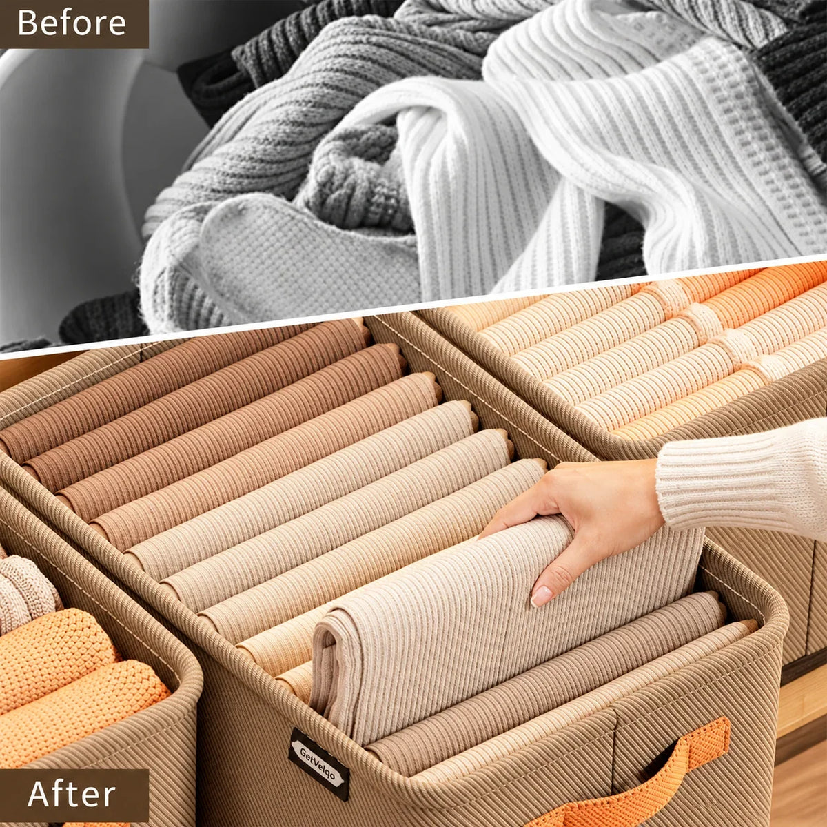 Before and after comparison showing messy clothes versus neatly folded sweaters in GetVelqo storage organizers.