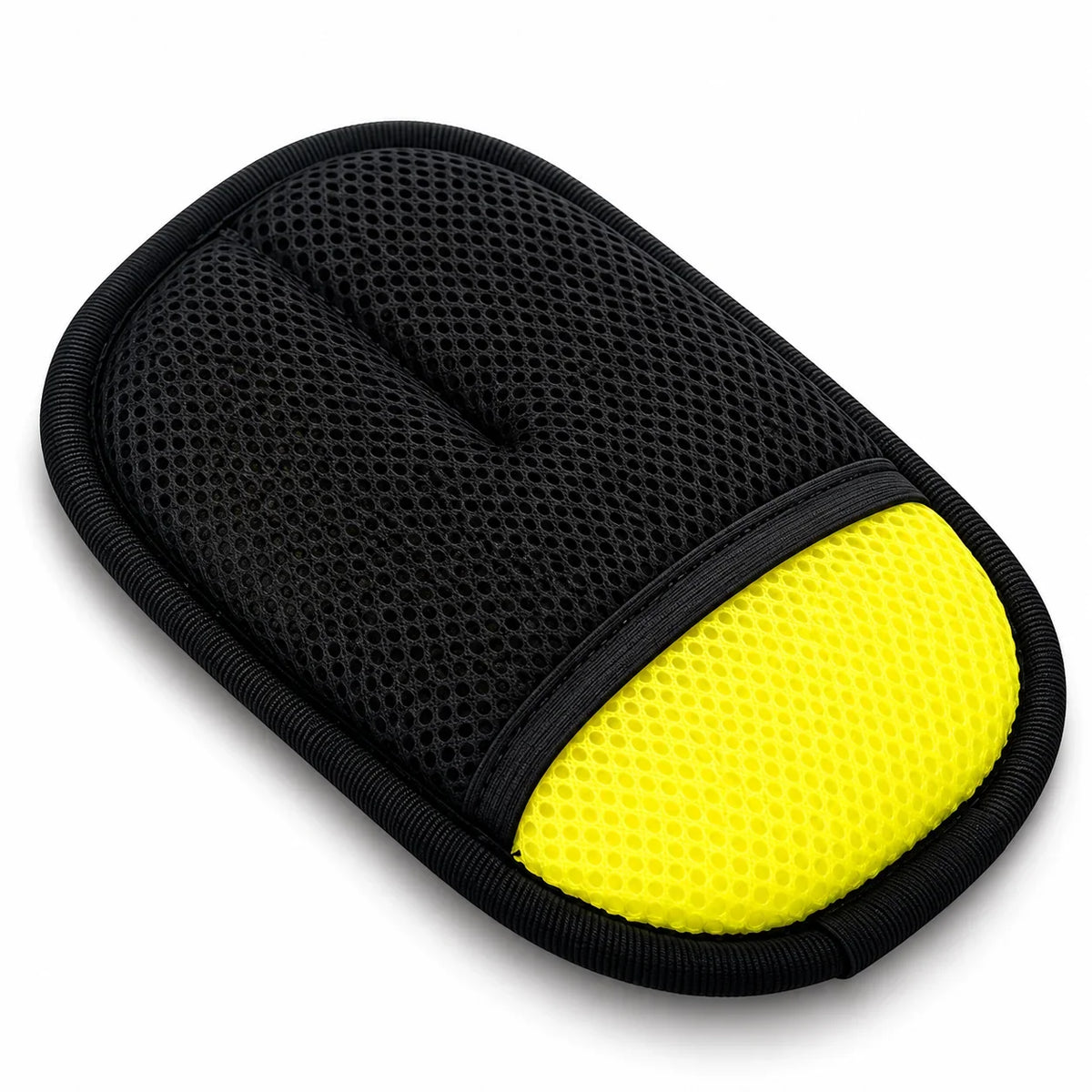 GetVelqo FurLift reusable pet hair remover glove with black mesh and a yellow cleaning pad.