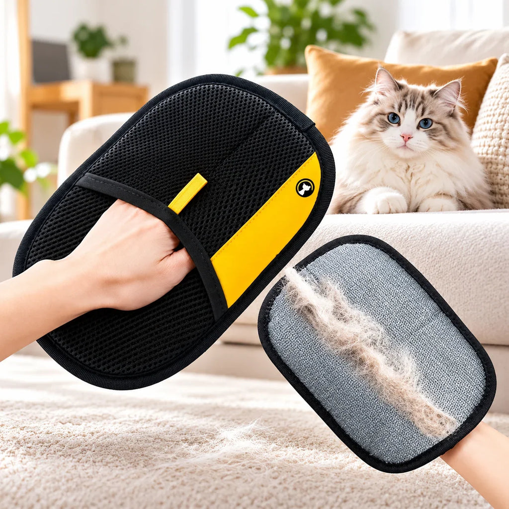 GetVelqo reusable pet hair remover glove in black and yellow showing hair removal from a grey surface.