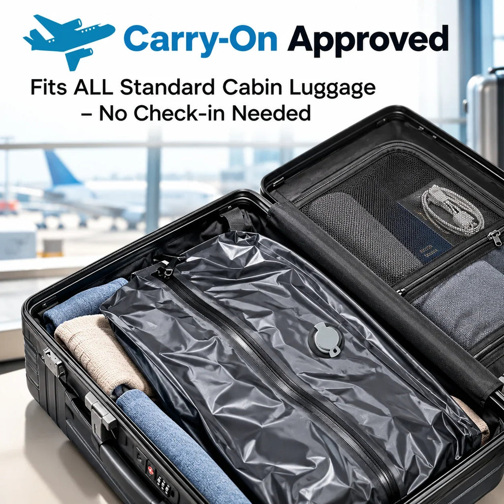GetVelqo vacuum compression bag compressing clothes inside a black hardshell carry-on suitcase.