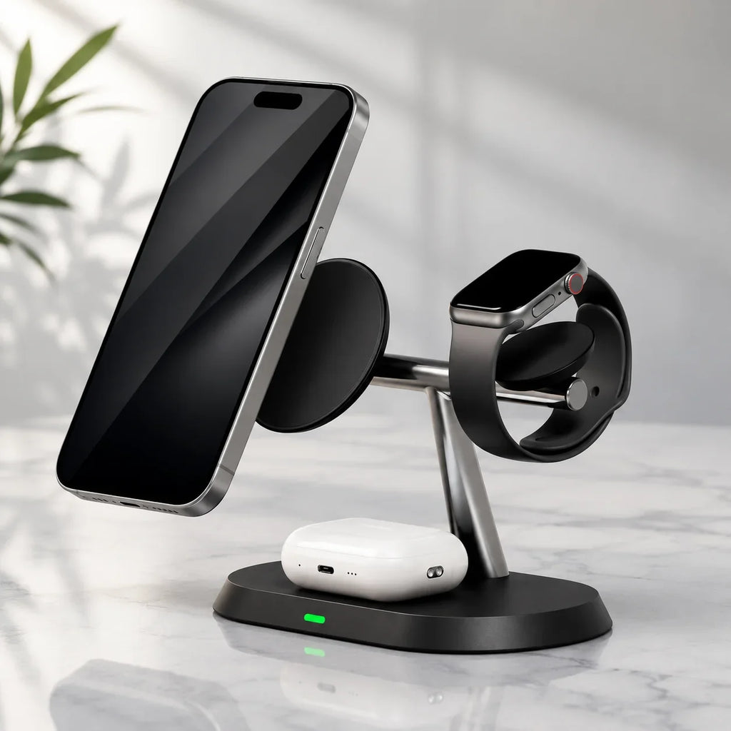 Black wireless charging station for phone, smartwatch, and earbuds on marble countertop
