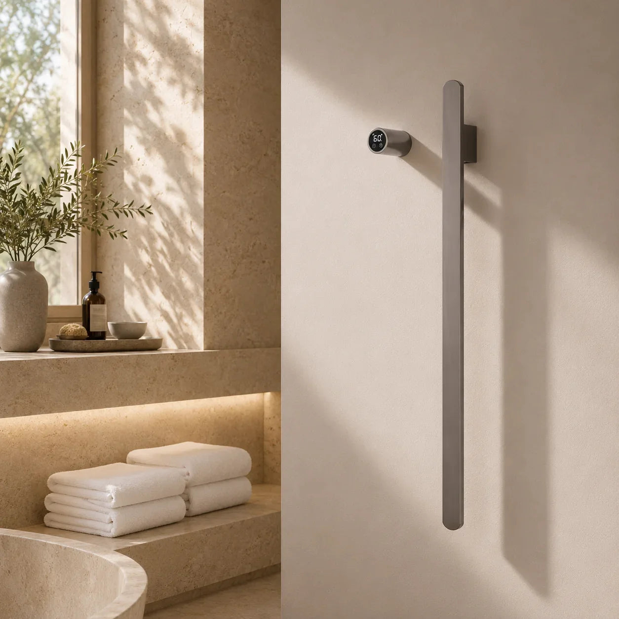 Modern matte gray wall-mounted bathroom towel warmer with digital temperature display, sleek vertical design for luxury bathroom organization