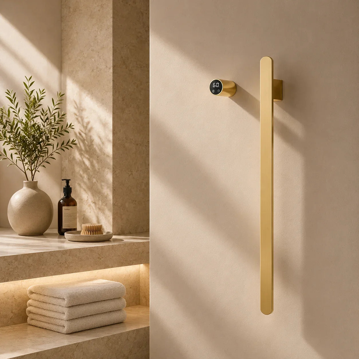Brushed gold bathroom grab bar with digital temperature display, mounted on beige wall beside towel shelf