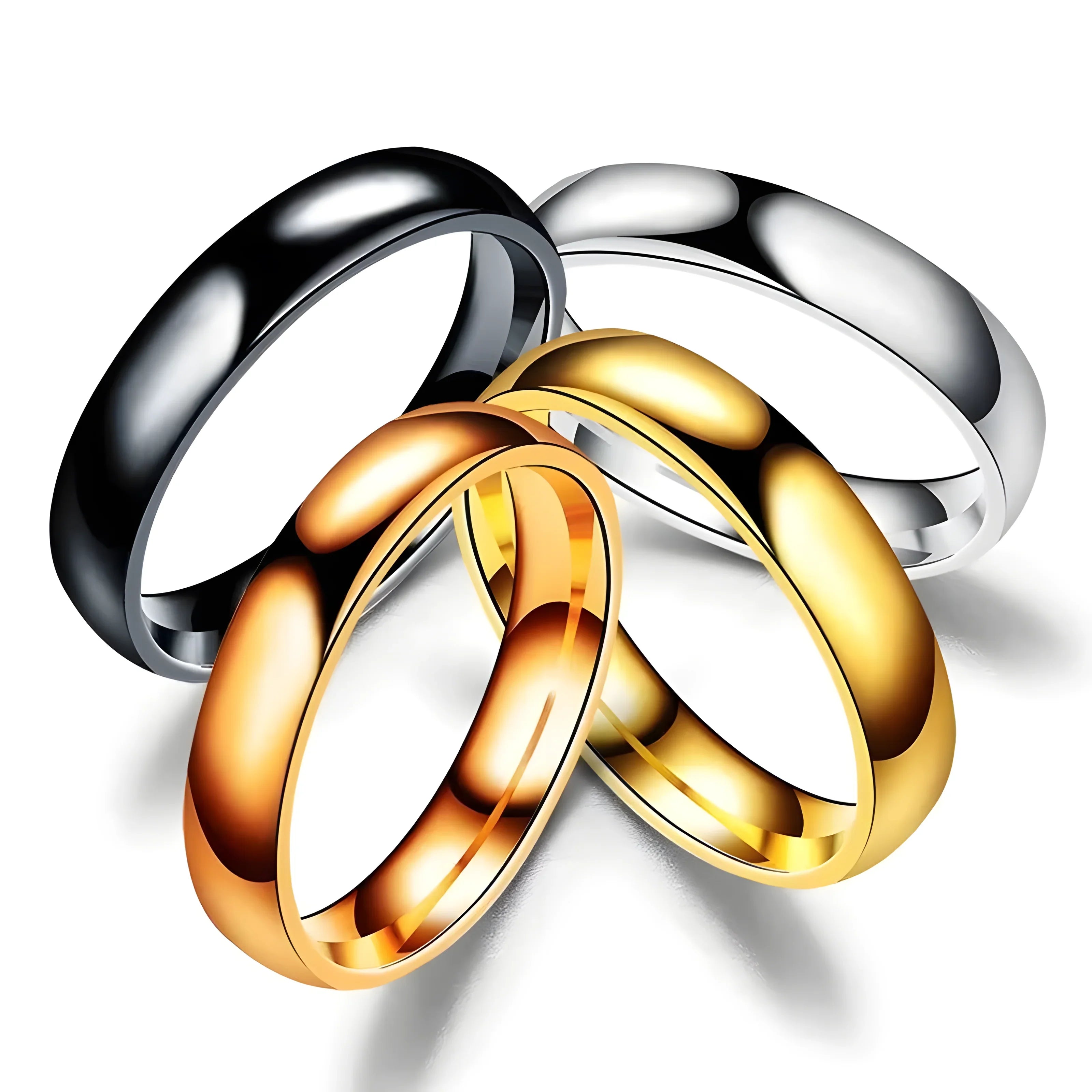 Minimalist gold, silver, and black wedding rings in polished stainless steel, timeless design for everyday wear
