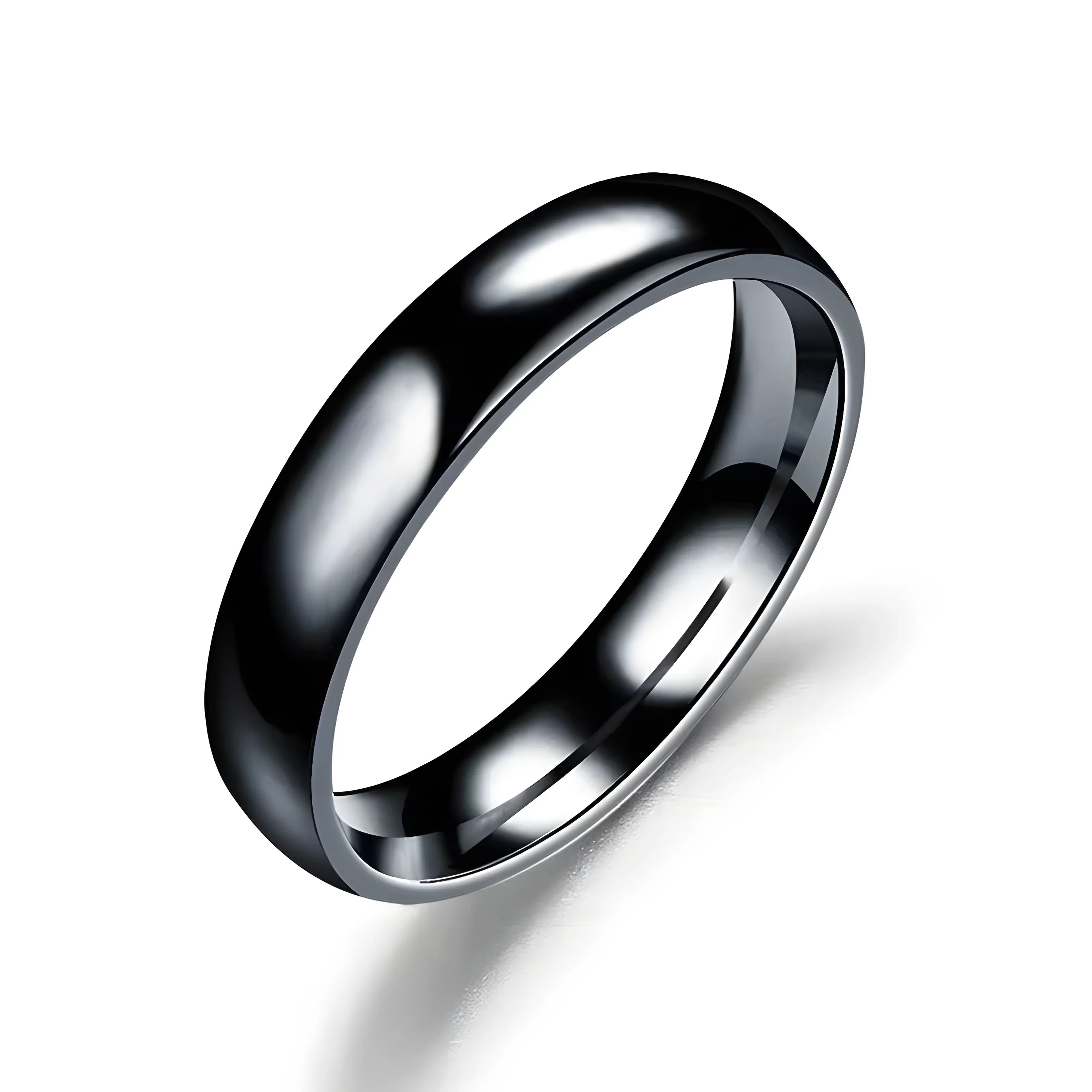 Black ceramic wedding band with polished finish, minimalist style