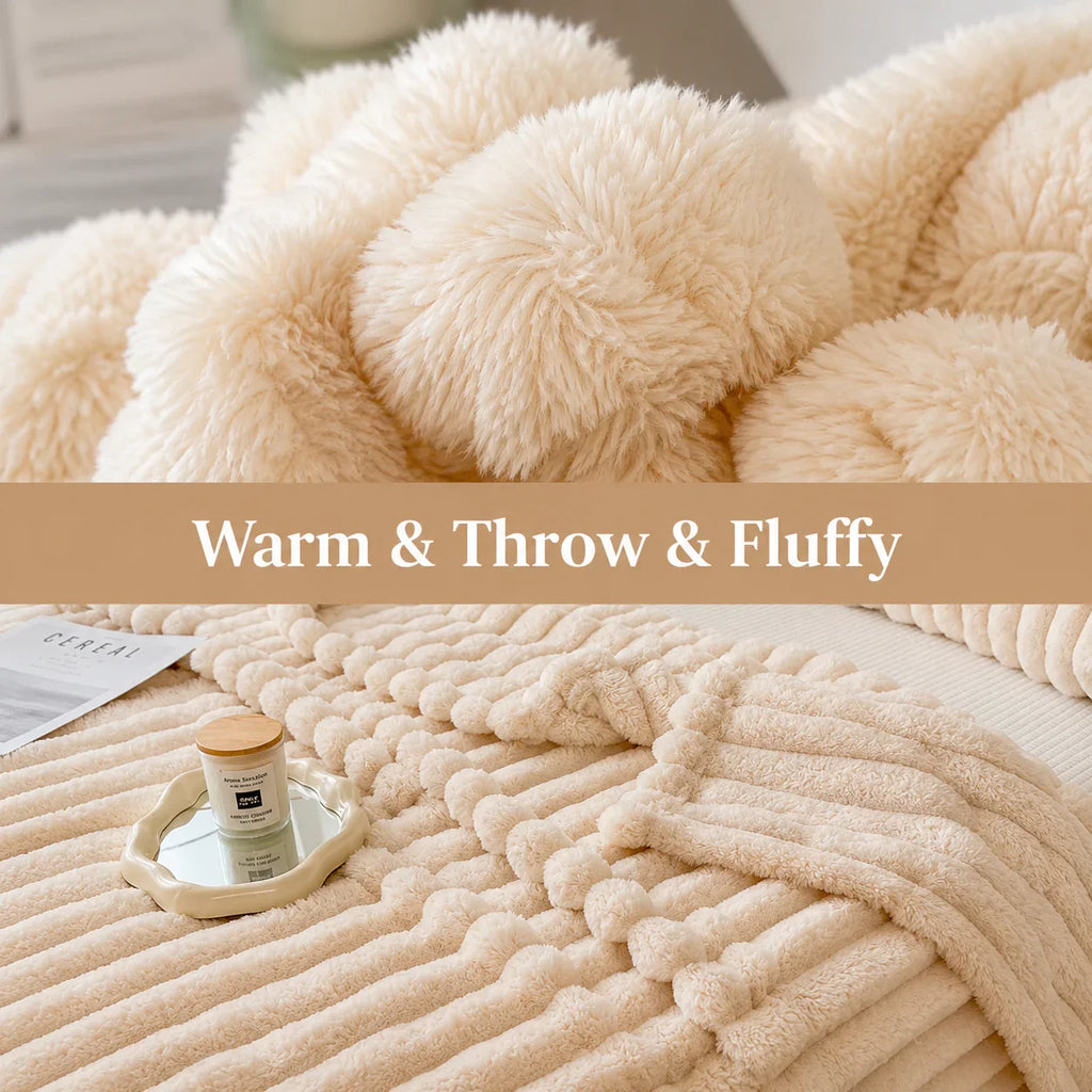 Cream fluffy throw blanket with textured weave, cozy for bedroom or living room use