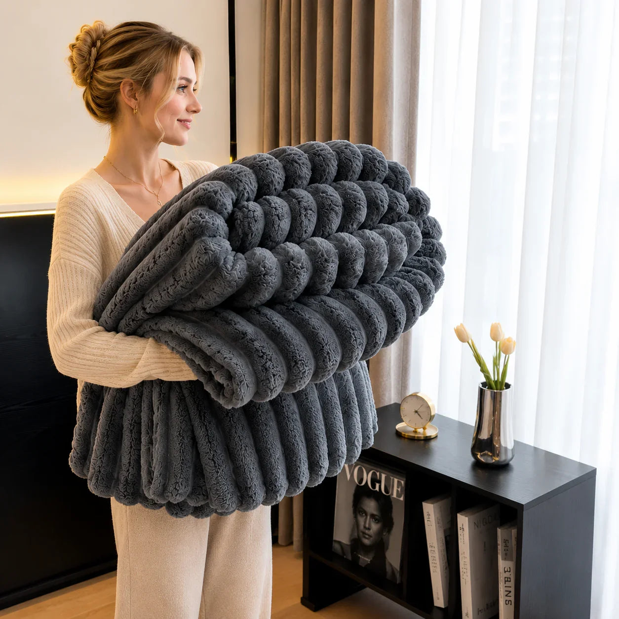 Gray plush chunky knit blanket for cozy bedroom or living room comfort