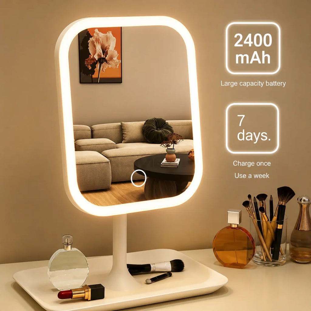 White LED vanity mirror with 2400mAh battery, ideal for makeup application and bathroom use