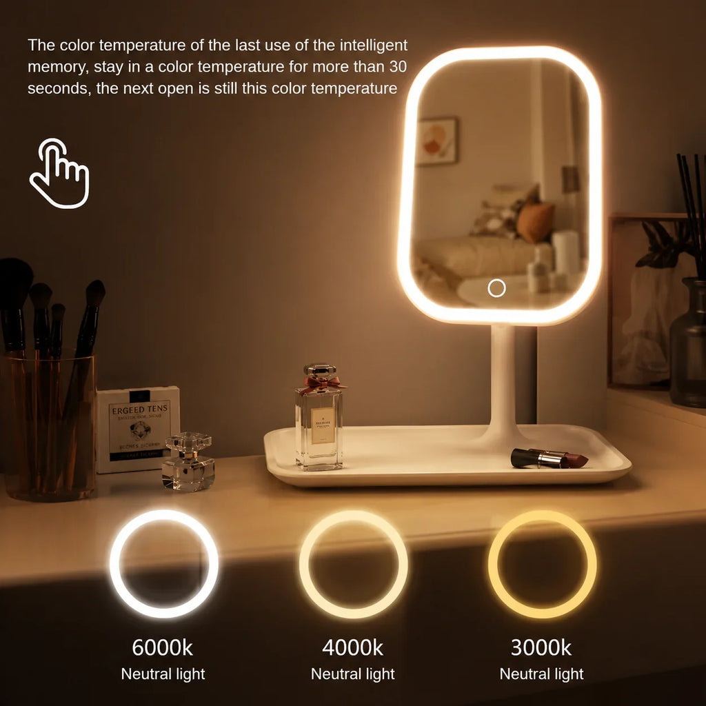 White LED vanity mirror with adjustable color temperature for makeup and grooming