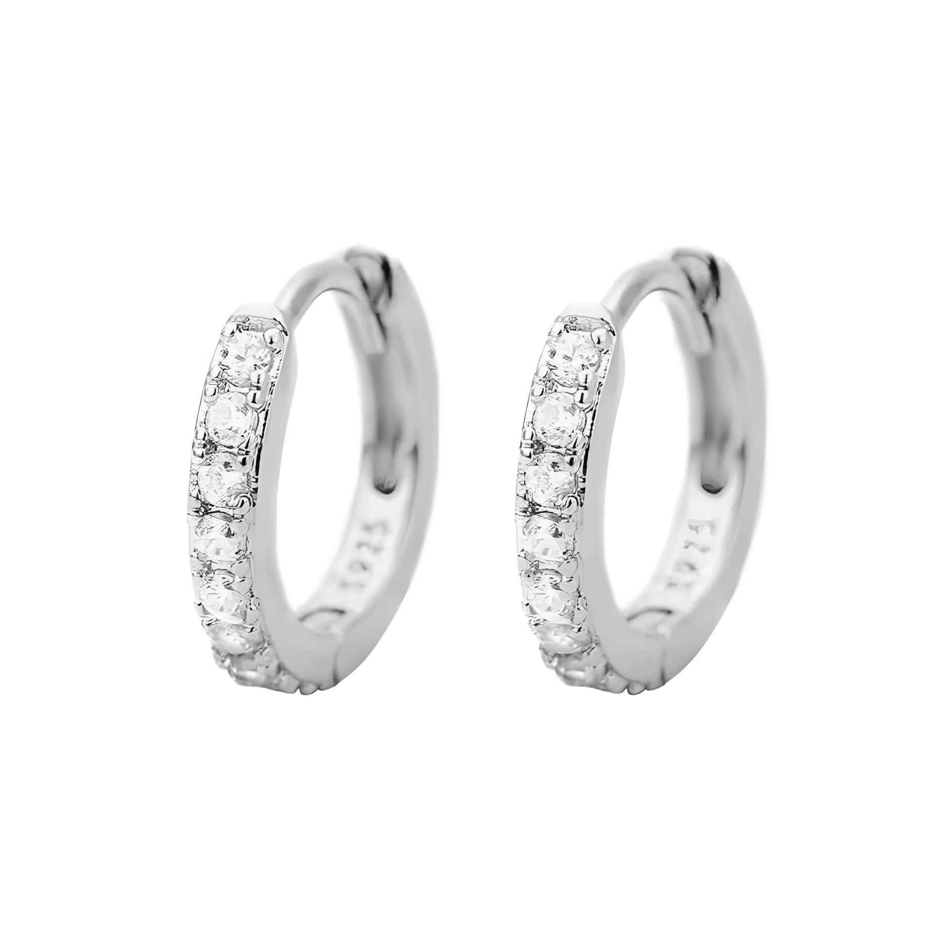 Crystal Hoop Earrings, silver metal, minimalist small hoops with clear crystals, elegant style