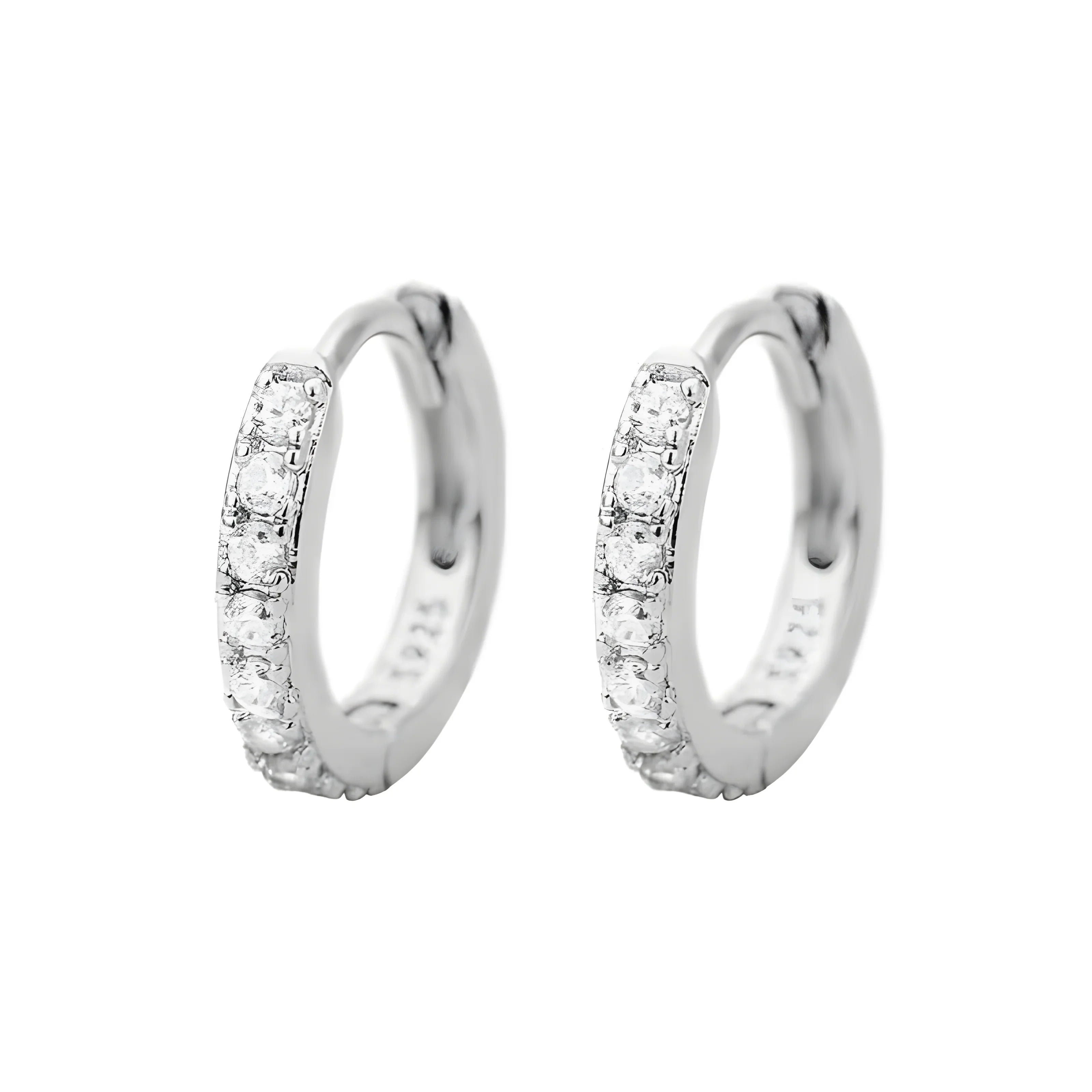 Crystal Hoop Earrings, silver metal, minimalist small hoops with clear crystals, elegant style