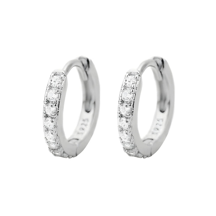 Crystal Hoop Earrings, silver metal, minimalist small hoops with clear crystals, elegant style