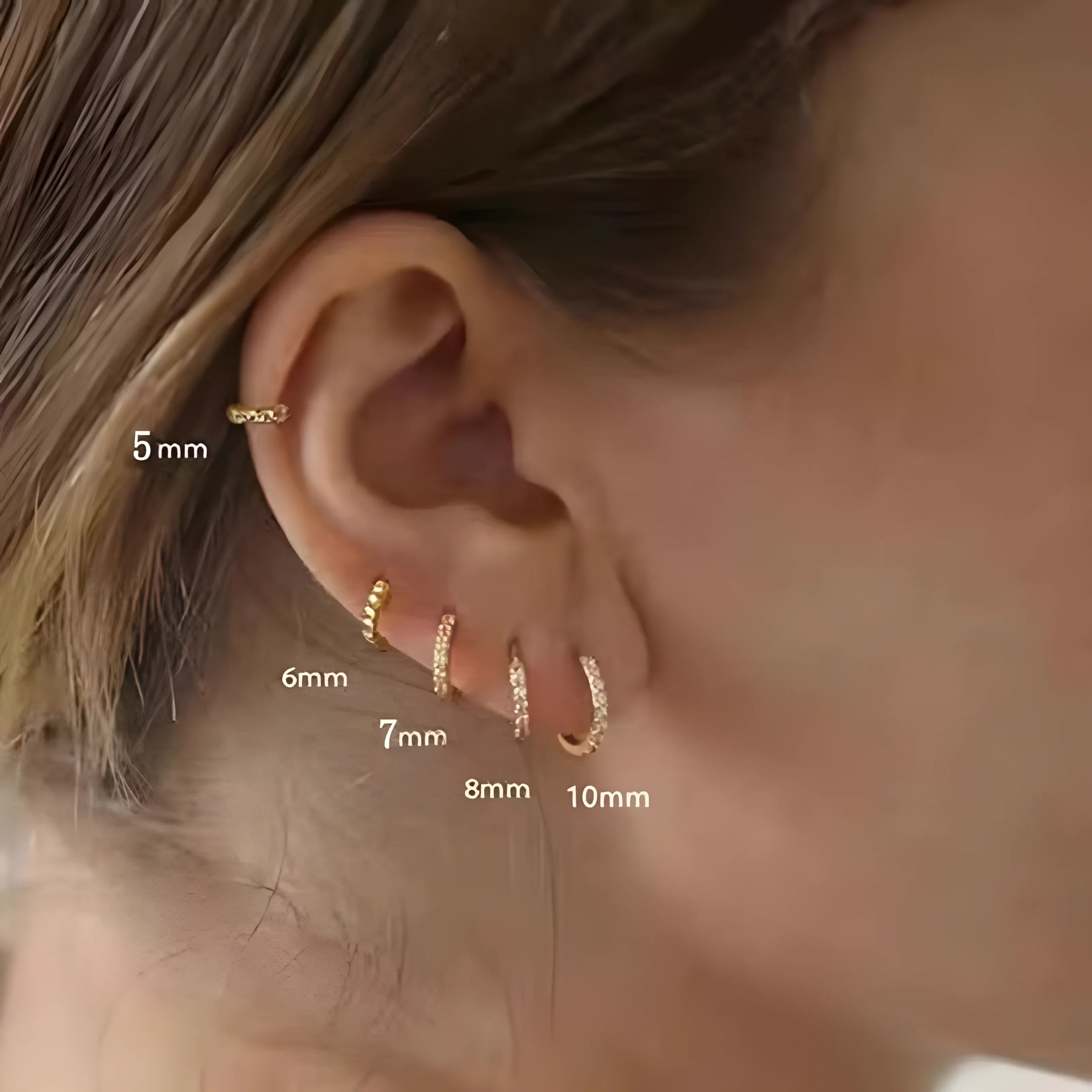 Crystal Hoop Earrings in gold, minimal style, shown in 5mm to 10mm sizes on ear