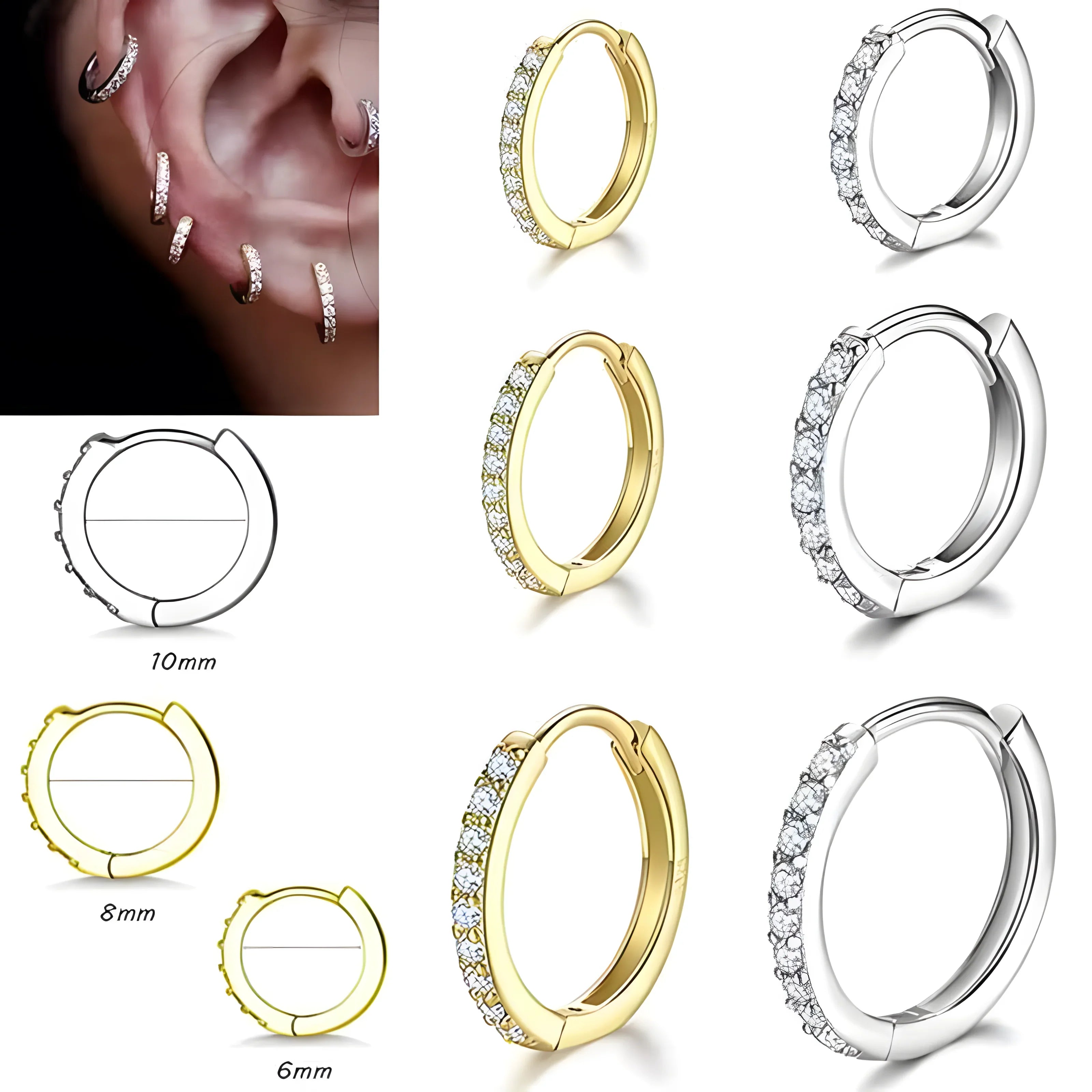 Crystal hoop earrings in gold and silver tones, minimalist style, available in multiple sizes