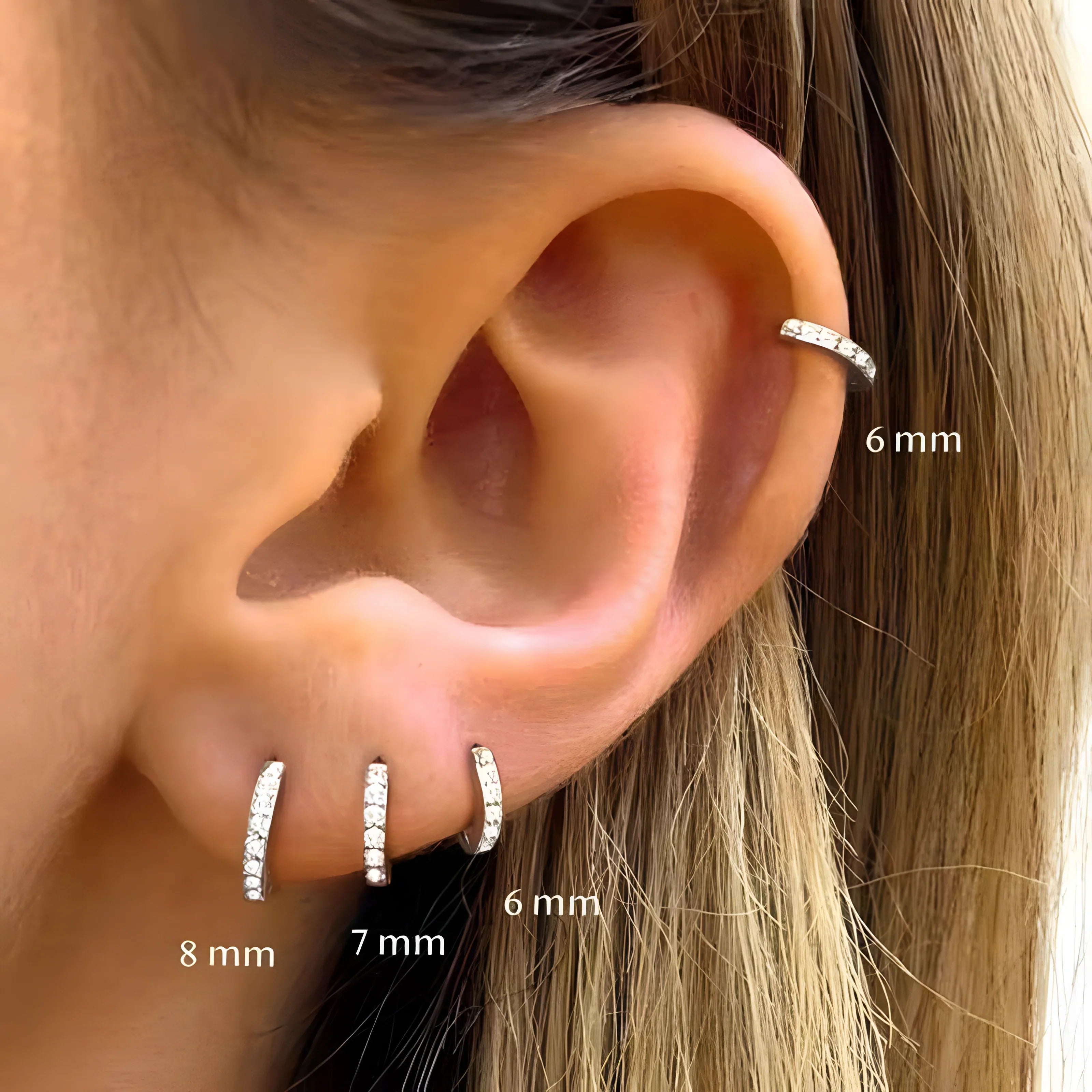 Crystal Hoop Earrings silver minimal huggie hoops in 6mm, 7mm, 8mm sizes worn on ear