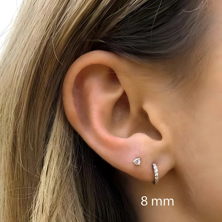 Crystal Hoop Earrings, 8mm, silver color, minimal style, worn on ear