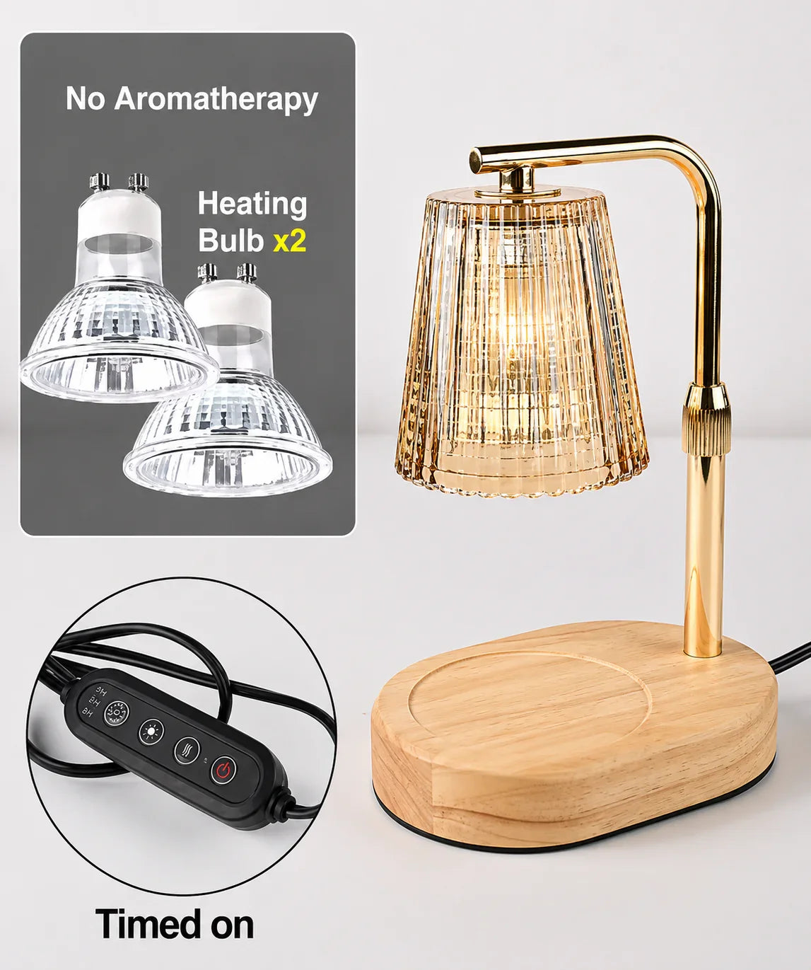 Gold desk lamp with wooden base and heating bulbs, timed on feature