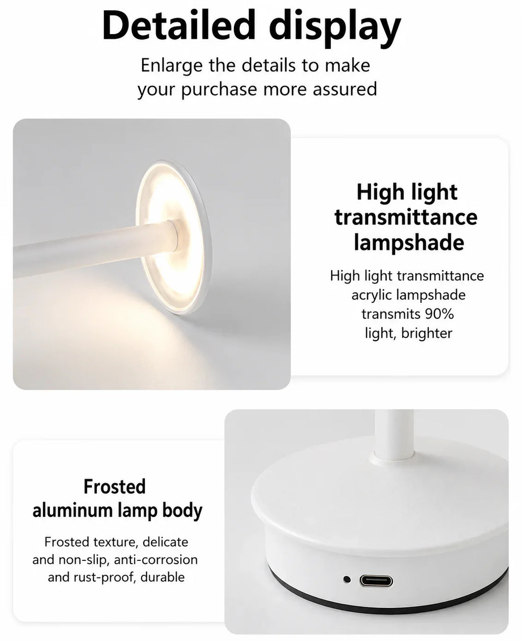 White frosted aluminum desk lamp with high-transmittance acrylic shade for bright, durable lighting