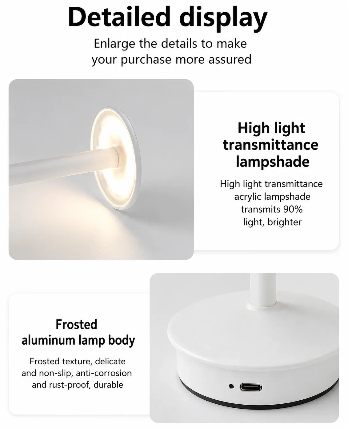 White frosted aluminum desk lamp with high-transmittance acrylic shade for bright, durable lighting