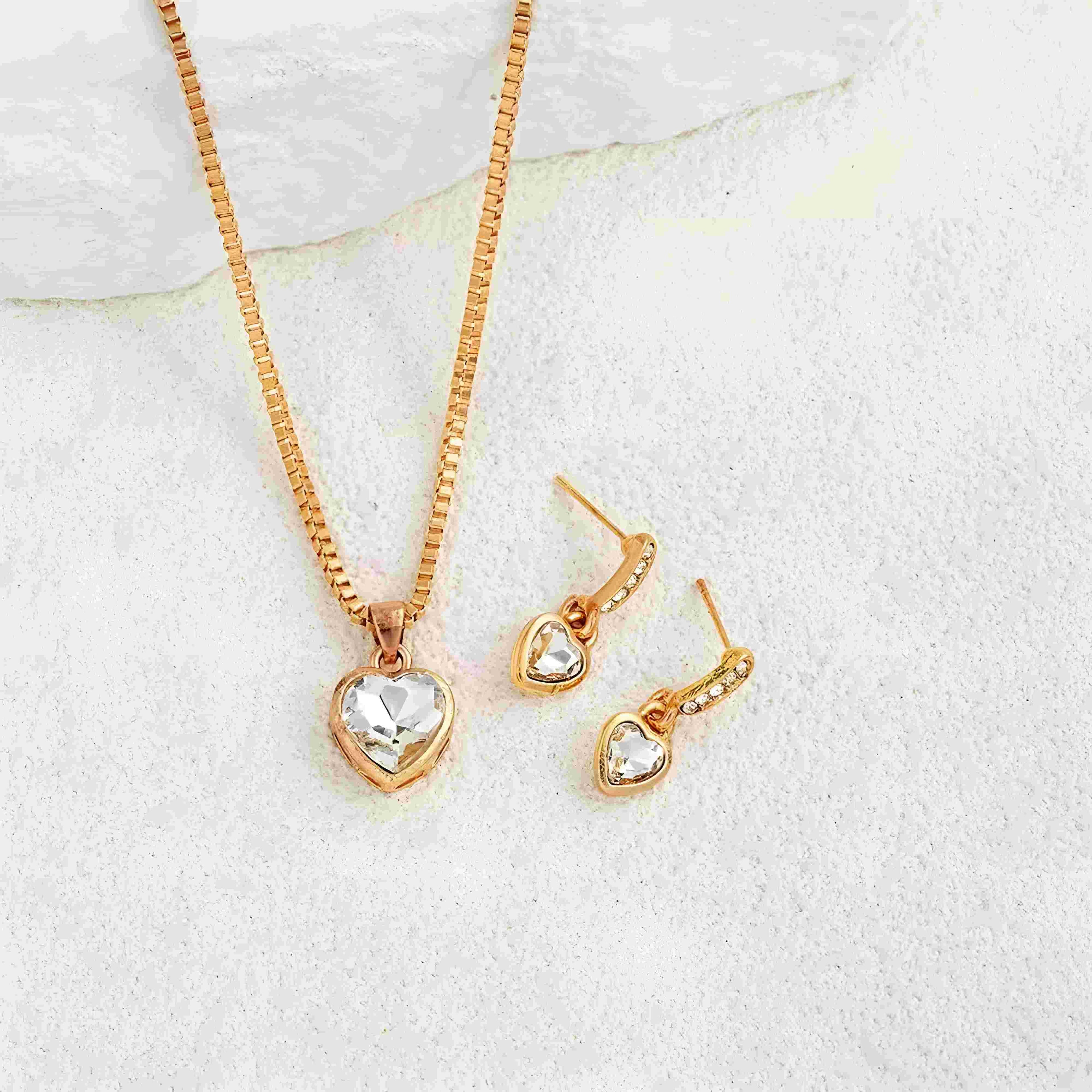 Gold heart pendant necklace & matching earrings with clear crystals, minimalist style jewelry set