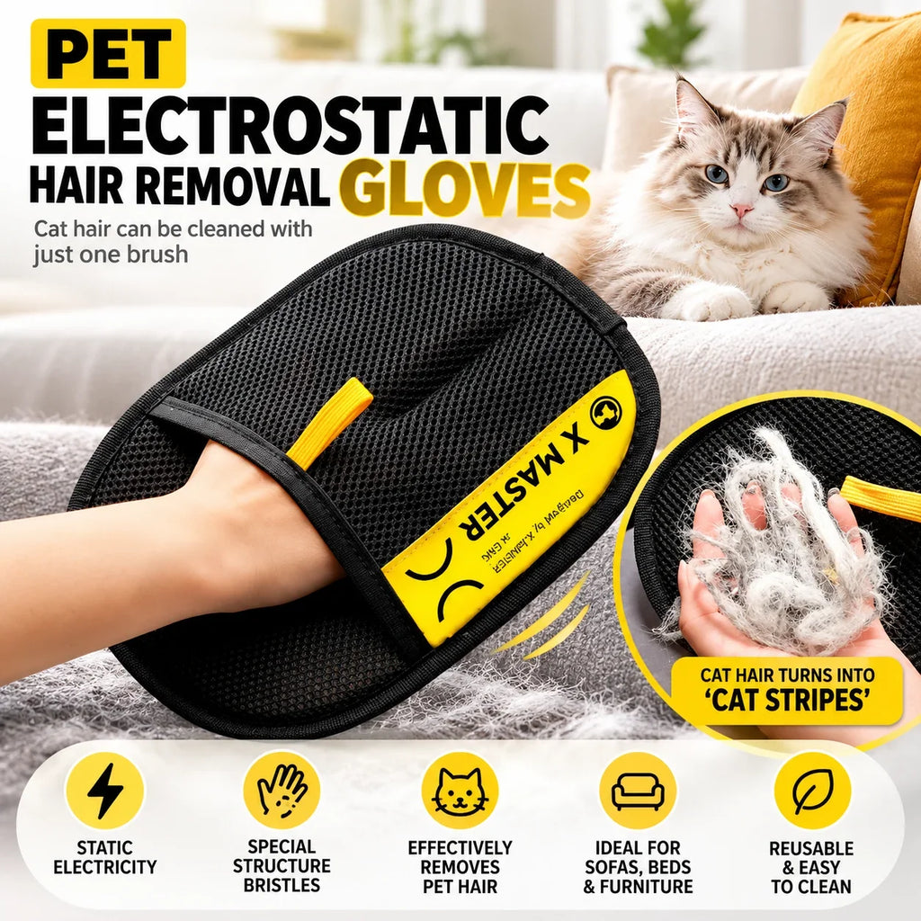 Black GetVelqo reusable electrostatic pet hair remover glove cleaning fur from a surface.