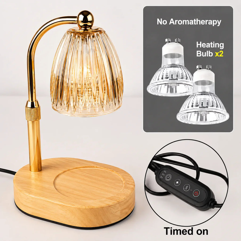 Gold glass lamp with wooden base, includes heating bulbs and timer control for home use