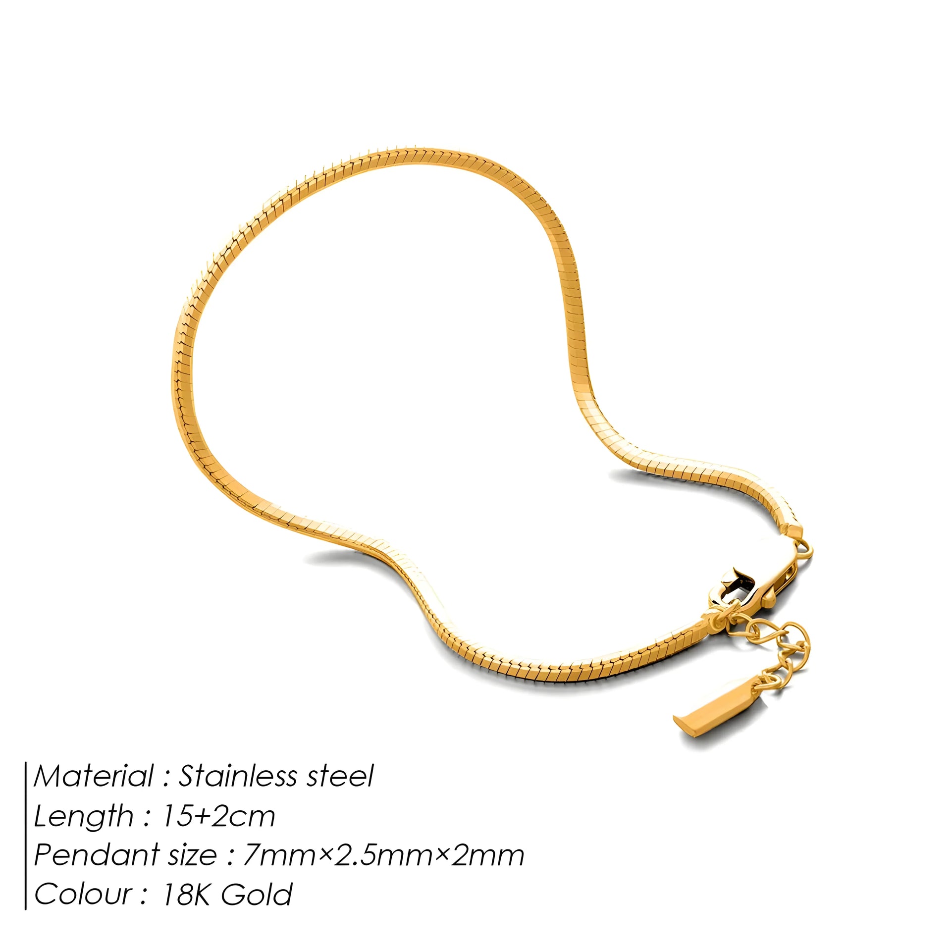 Emanco snake bracelet, 18K gold stainless steel, minimalist flat chain style on white background.