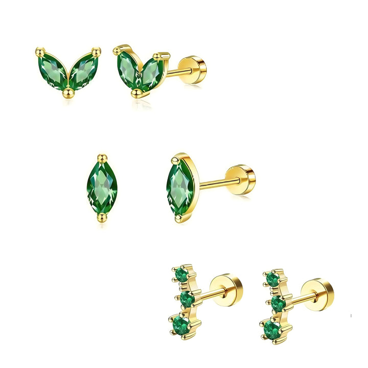 Essential Stud Set gold earrings with green stones, minimal modern style, stud jewelry set