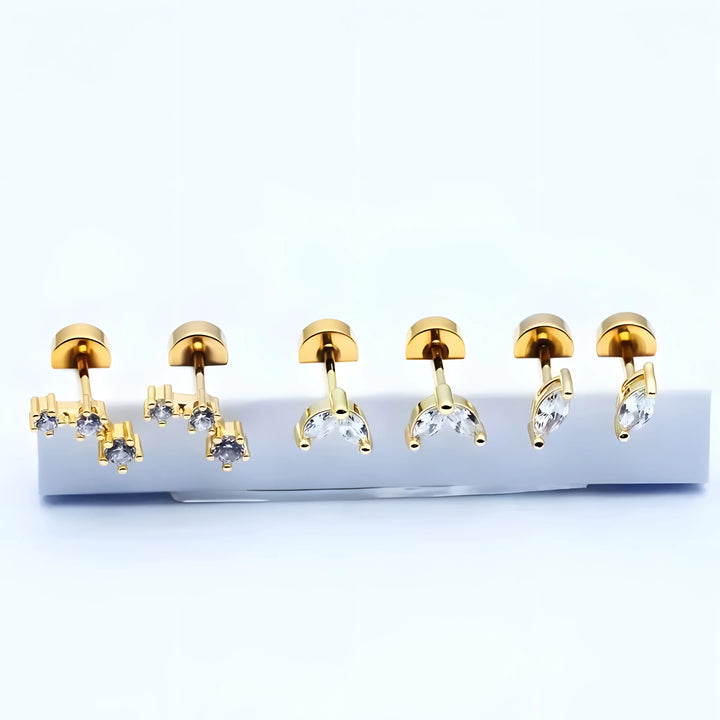 Essential Stud Set gold stud earrings with clear crystals, minimal style, modern jewelry