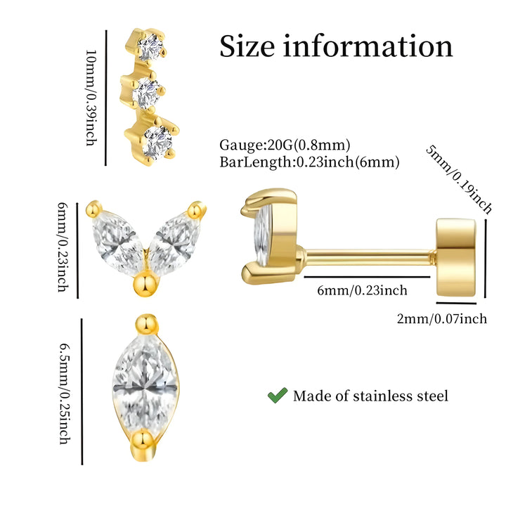 Essential Stud Set gold stainless steel earrings with clear crystals, minimal elegant style, size details shown