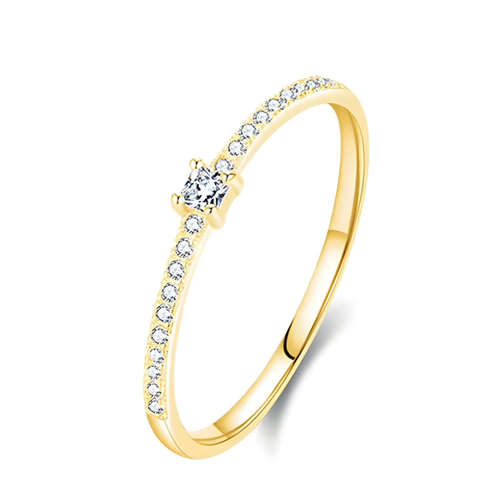 Eternal Spark gold ring with pavé-set clear stones, minimalist slim band, modern jewelry style.