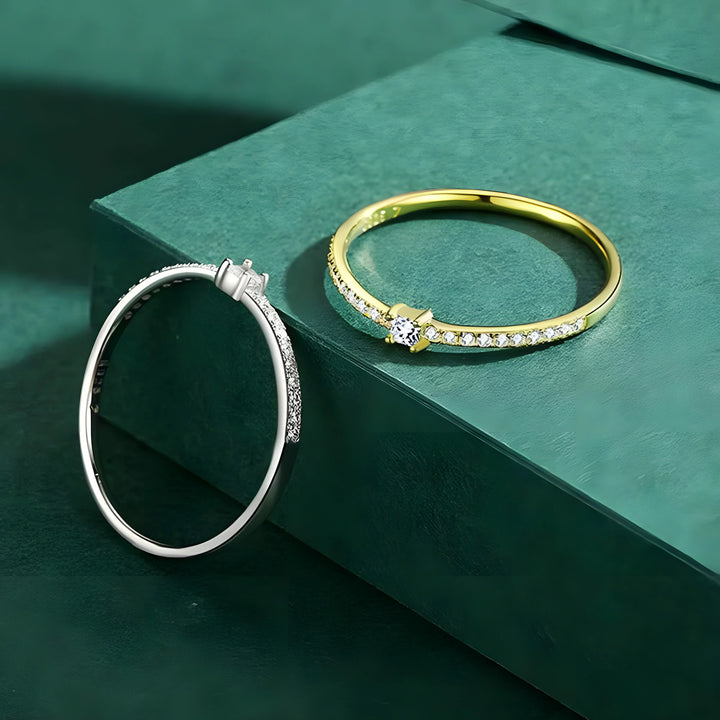 Eternal Spark Set gold and silver rings with cubic zirconia accents, minimal modern style jewelry