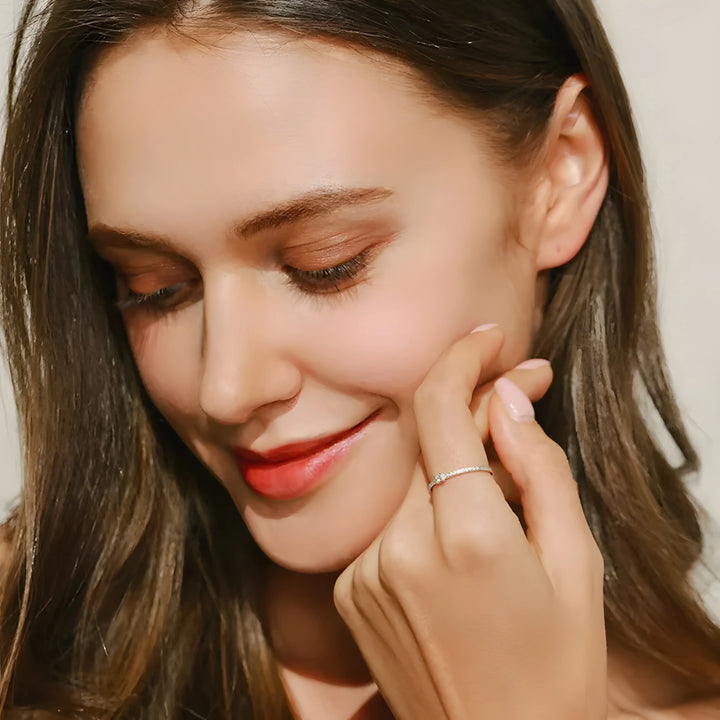 Eternal Spark Set minimalist silver ring with clear stones, delicate everyday jewelry style.