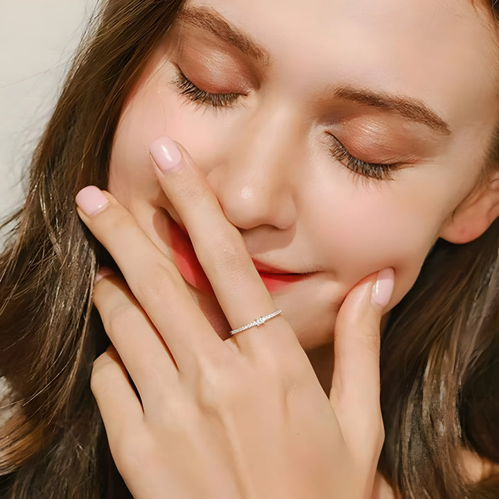 Eternal Spark Set dainty silver ring with minimalist design and clear stones on hand