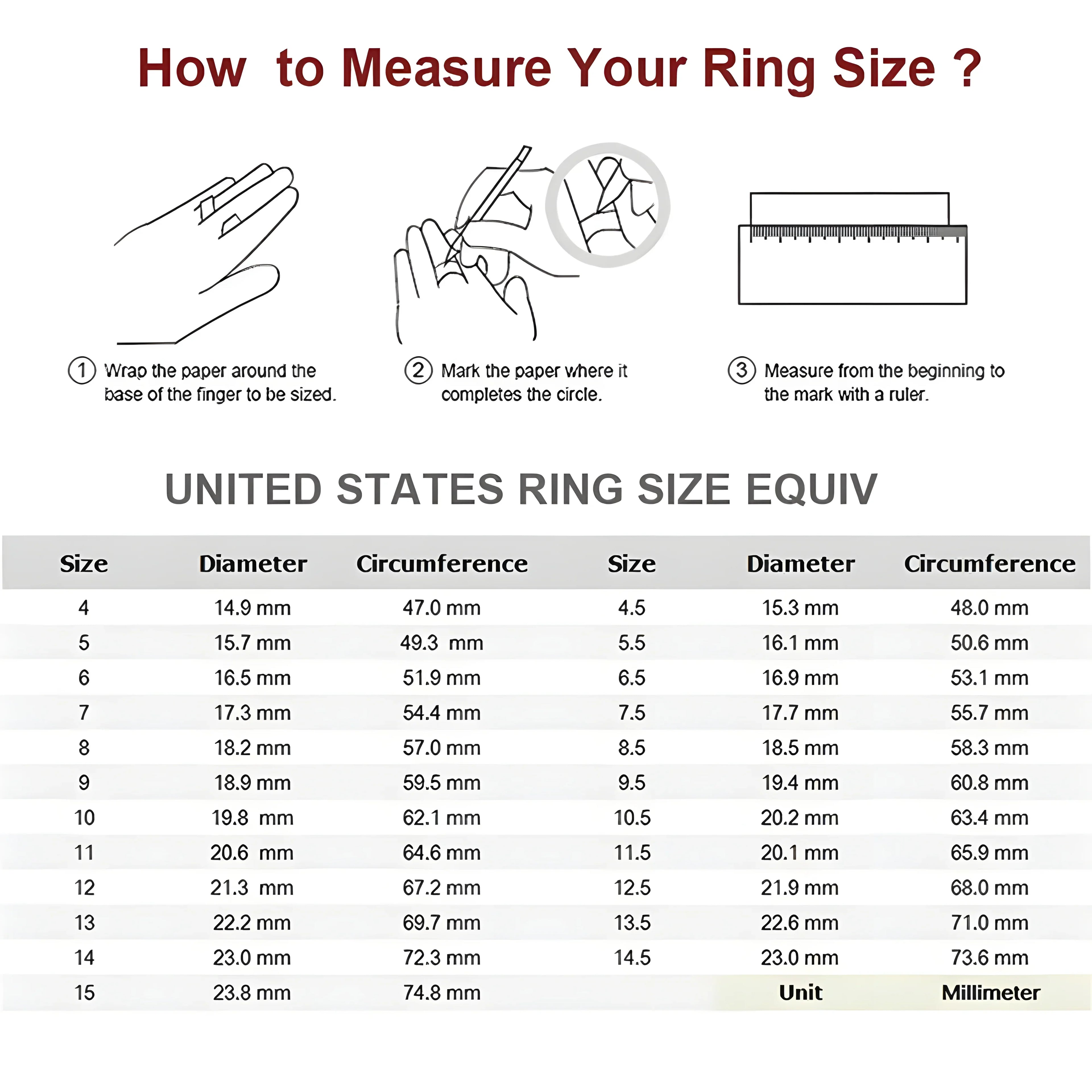 Ring size guide showing how to measure your finger and a chart of US ring sizes with diameter and circumference in millimeters.