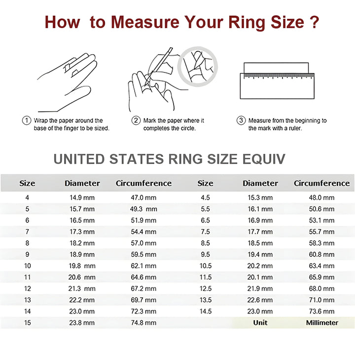 Ring size guide showing how to measure your finger and a chart of US ring sizes with diameter and circumference in millimeters.