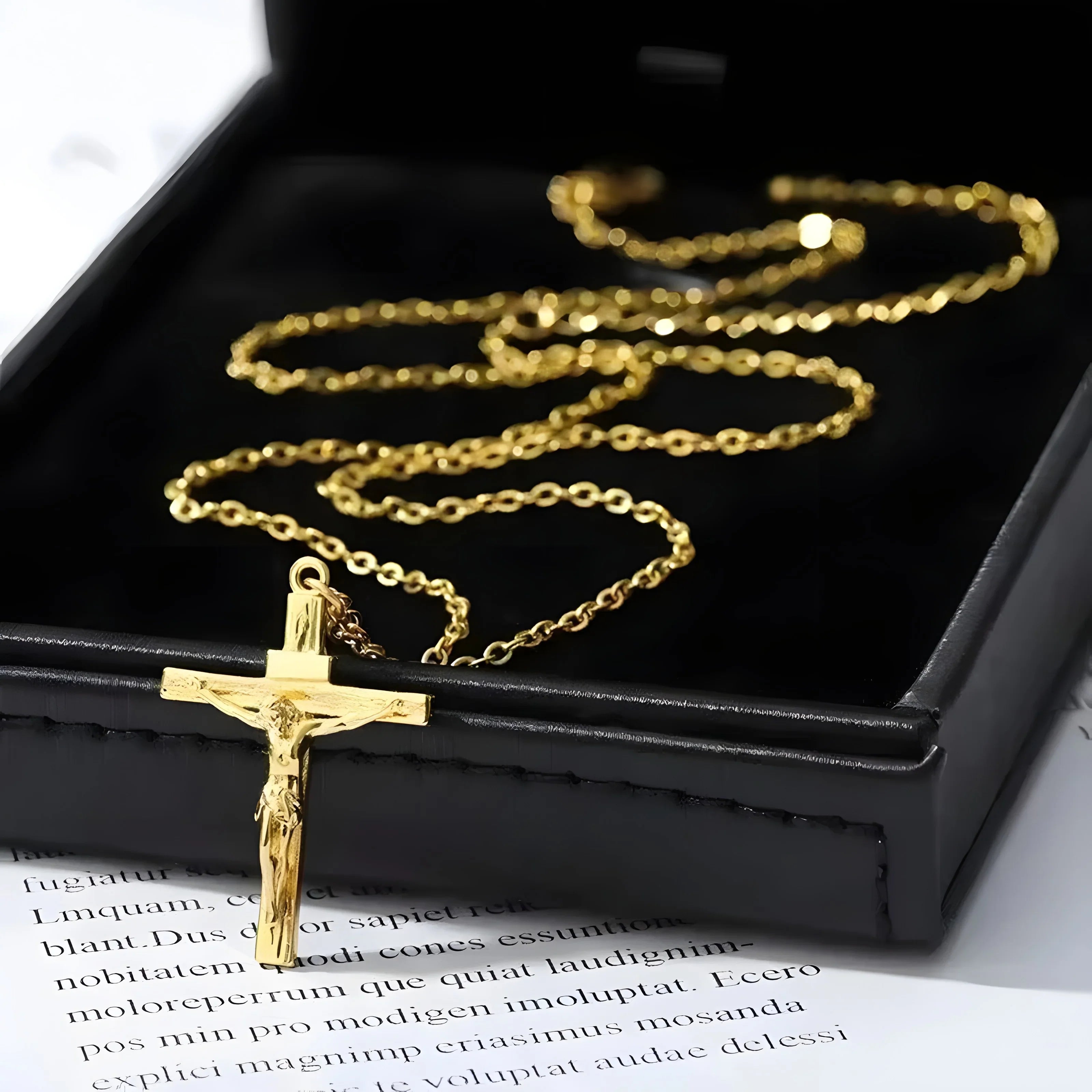 Gold crucifix pendant necklace with chain, minimal style, high-quality material