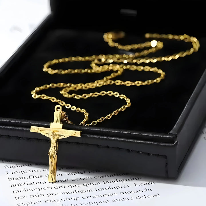 Gold crucifix pendant necklace with chain, minimal style, high-quality material