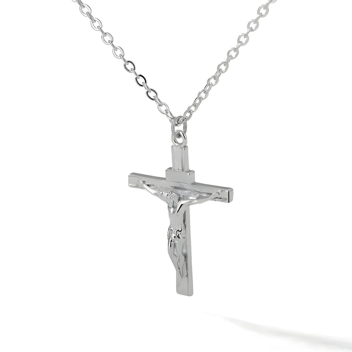 Silver crucifix pendant necklace with minimal chain, sleek religious jewelry design