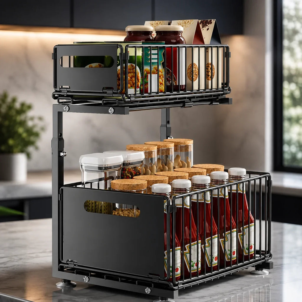 Black two-tier kitchen organizer with pull-out baskets holding jars, bottles, and pantry items on marble countertop
