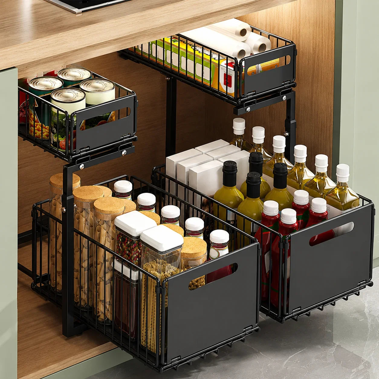 Black metal pull-out kitchen storage baskets organizing jars, bottles, and pantry items under a countertop
