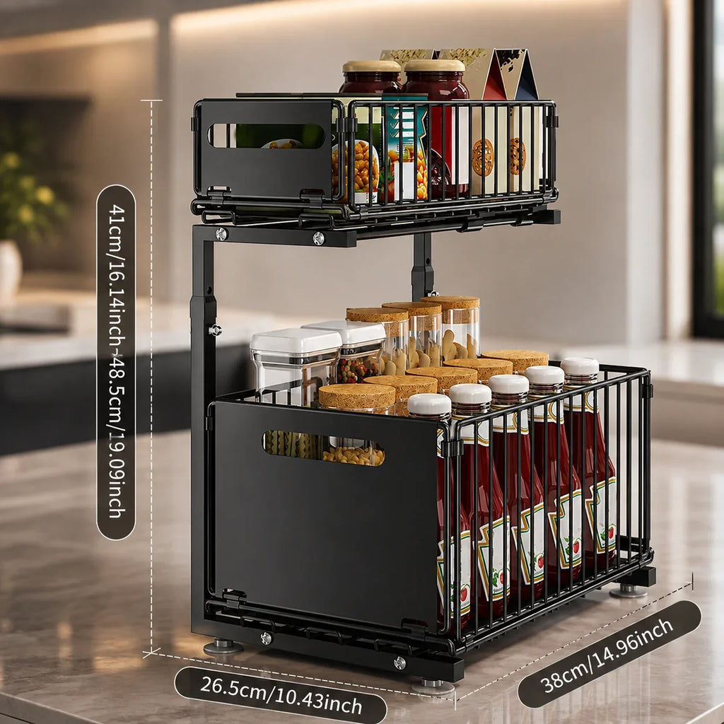Black two-tier kitchen organizer with wire baskets holding jars and condiments on countertop