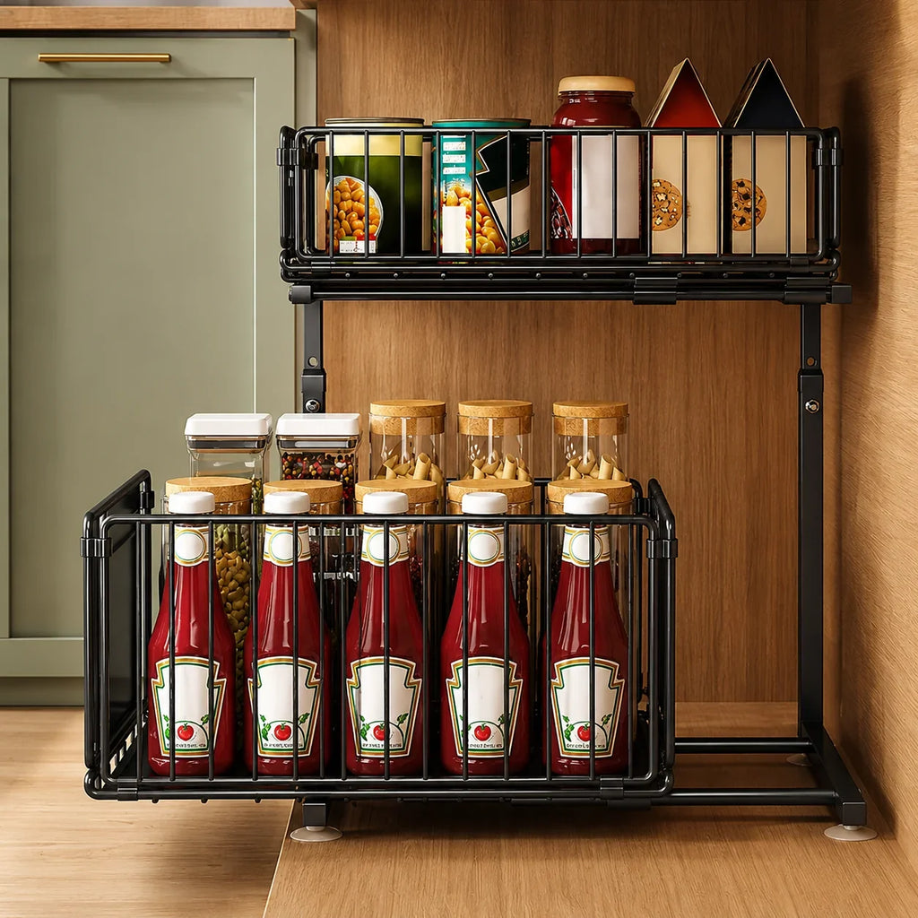 Black metal pull-out pantry organizer with two tiers holding ketchup bottles, jars, and cans in a kitchen cabinet