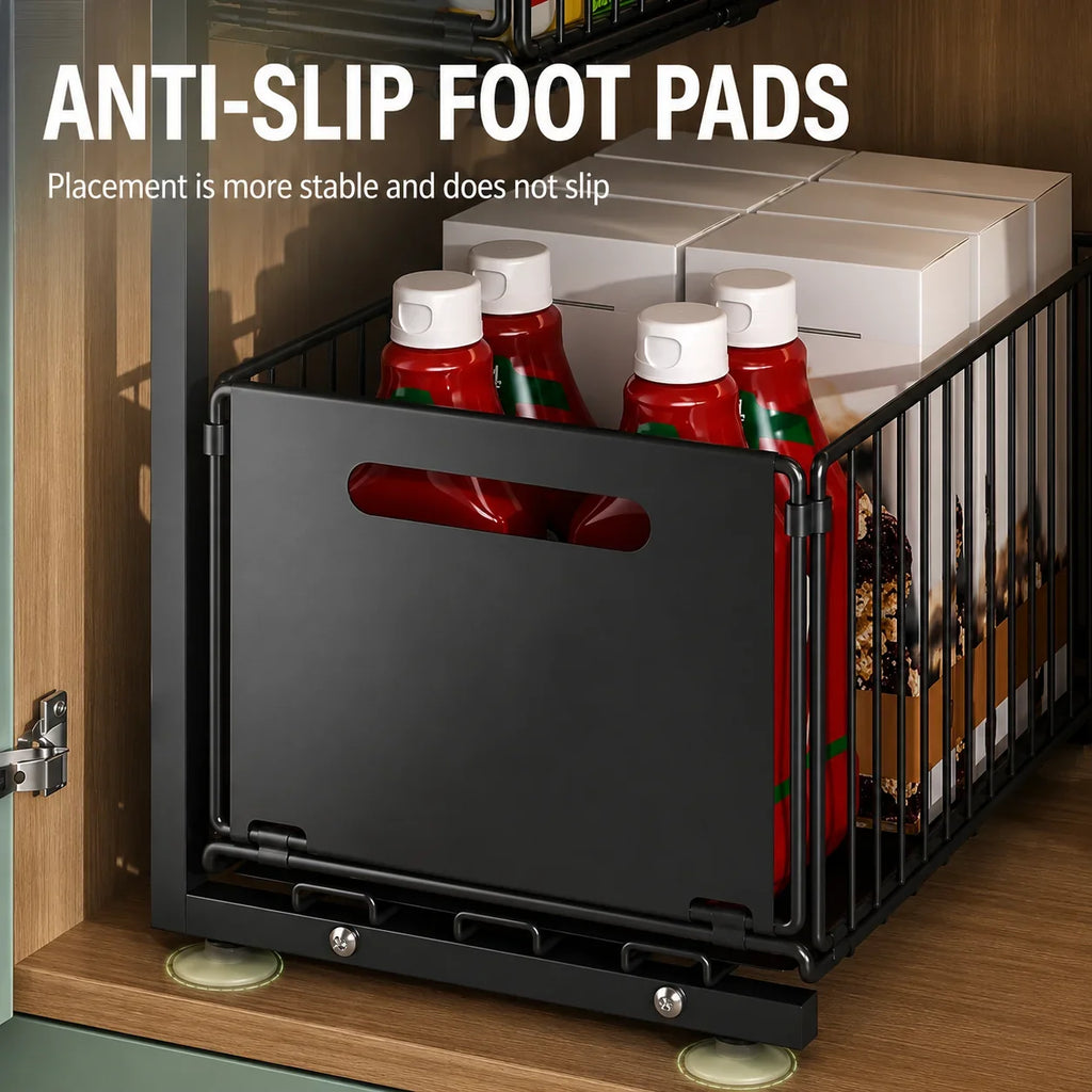 Black metal storage basket with anti-slip foot pads holding ketchup bottles and boxes in a cabinet