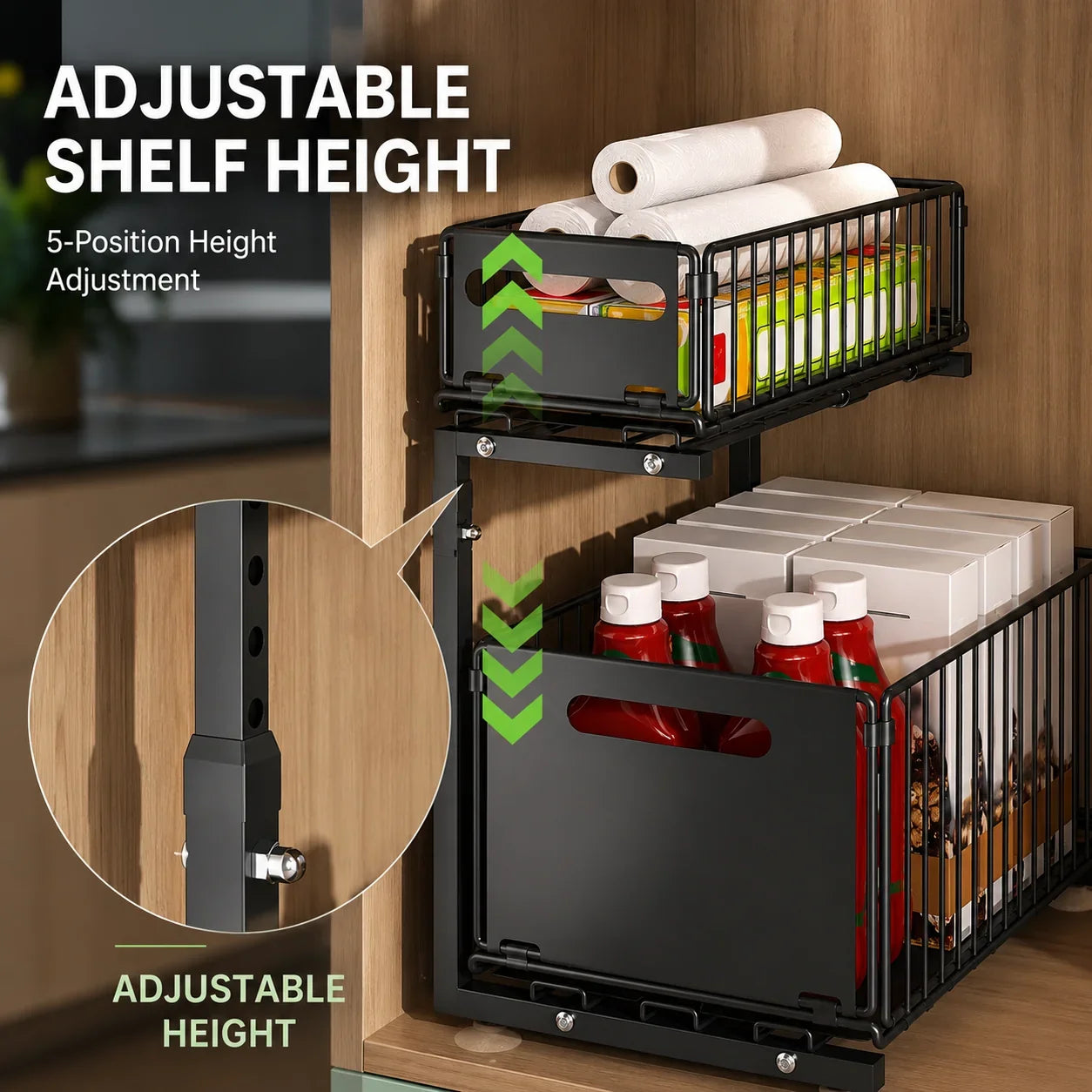 Black adjustable shelf organizer with two tiers, storing kitchen items like paper towels and condiments.