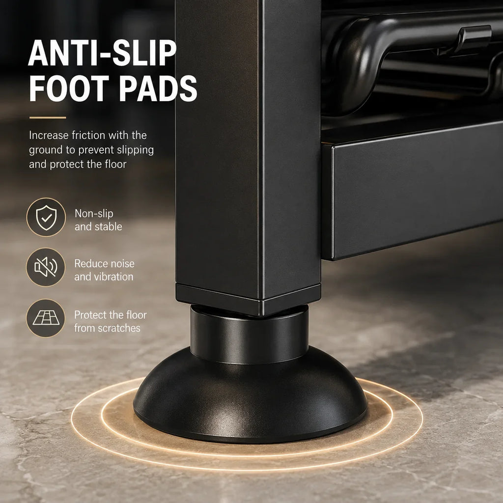 Black anti-slip foot pad under furniture leg, protects floors and reduces vibration