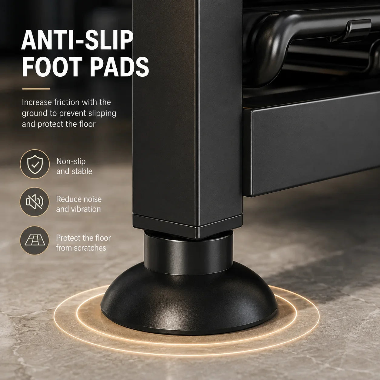 Black anti-slip foot pad under furniture leg, protects floors and reduces vibration